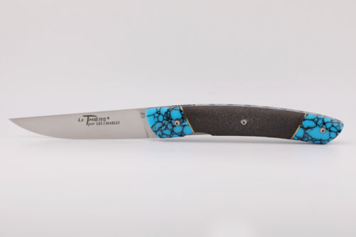 Le Thiers® Liner Lock en pierre de lave et turquoise noire – vue de face, couteau artisanal français